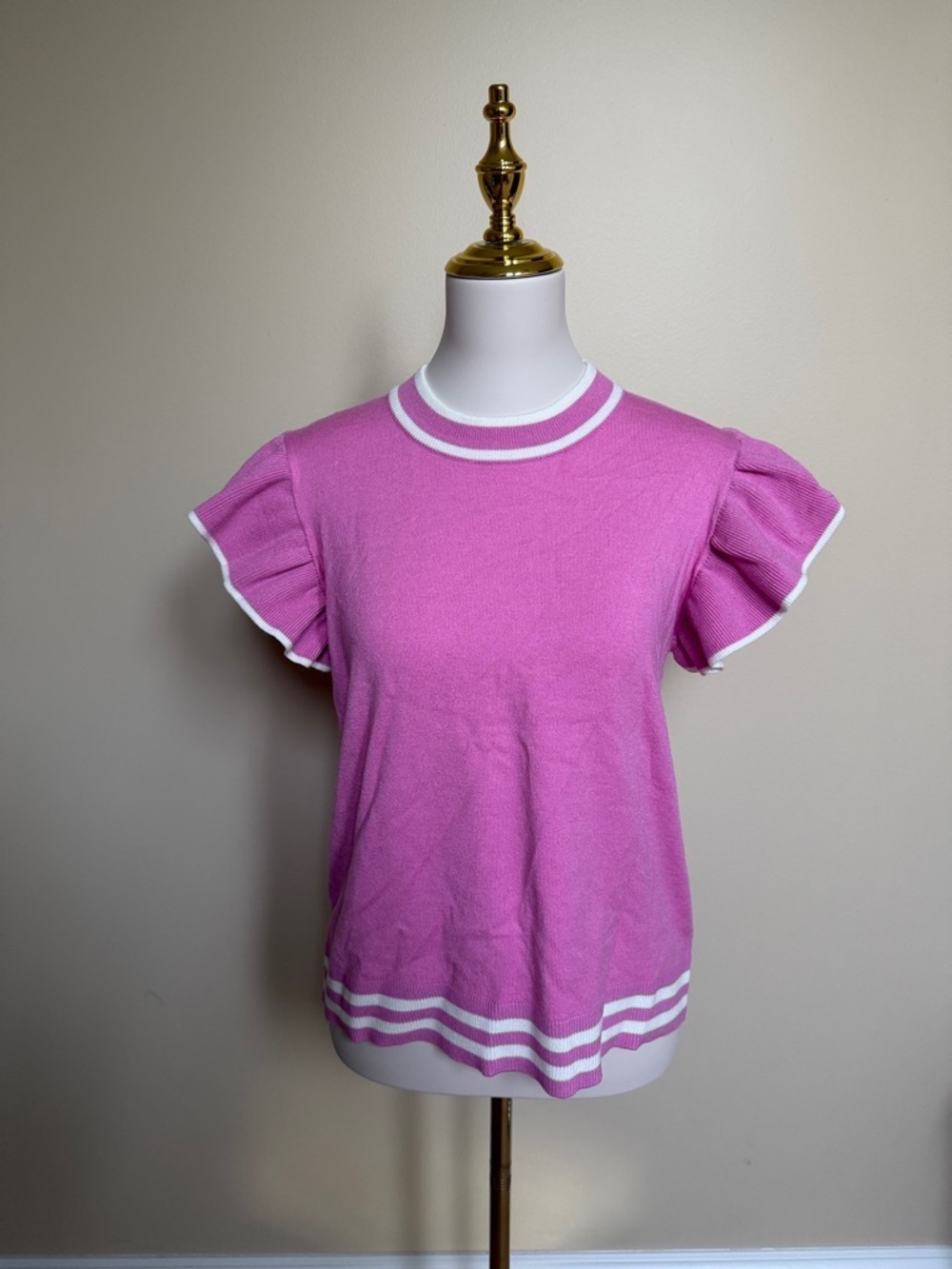 THML Pink Flutter Sleeve Sweater Top Striped Trim Knit Blouse Size M